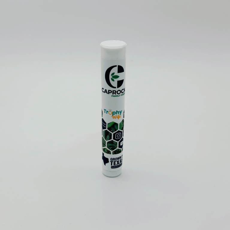 capsule containing a thca preroll from caprock family farms, grown in texas
