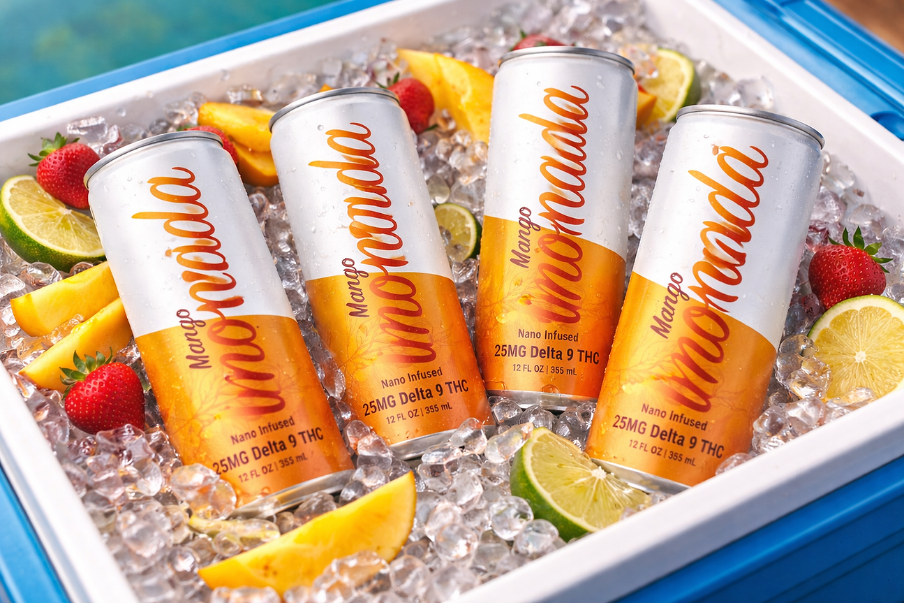 Cans of mango limonada on ice